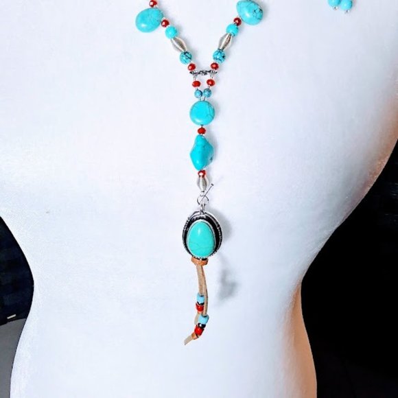*TURQUOISE LARIAT/Y STYLE NECKLACE & EARRING SET*HAND CRAFTED* - Picture 1 of 7